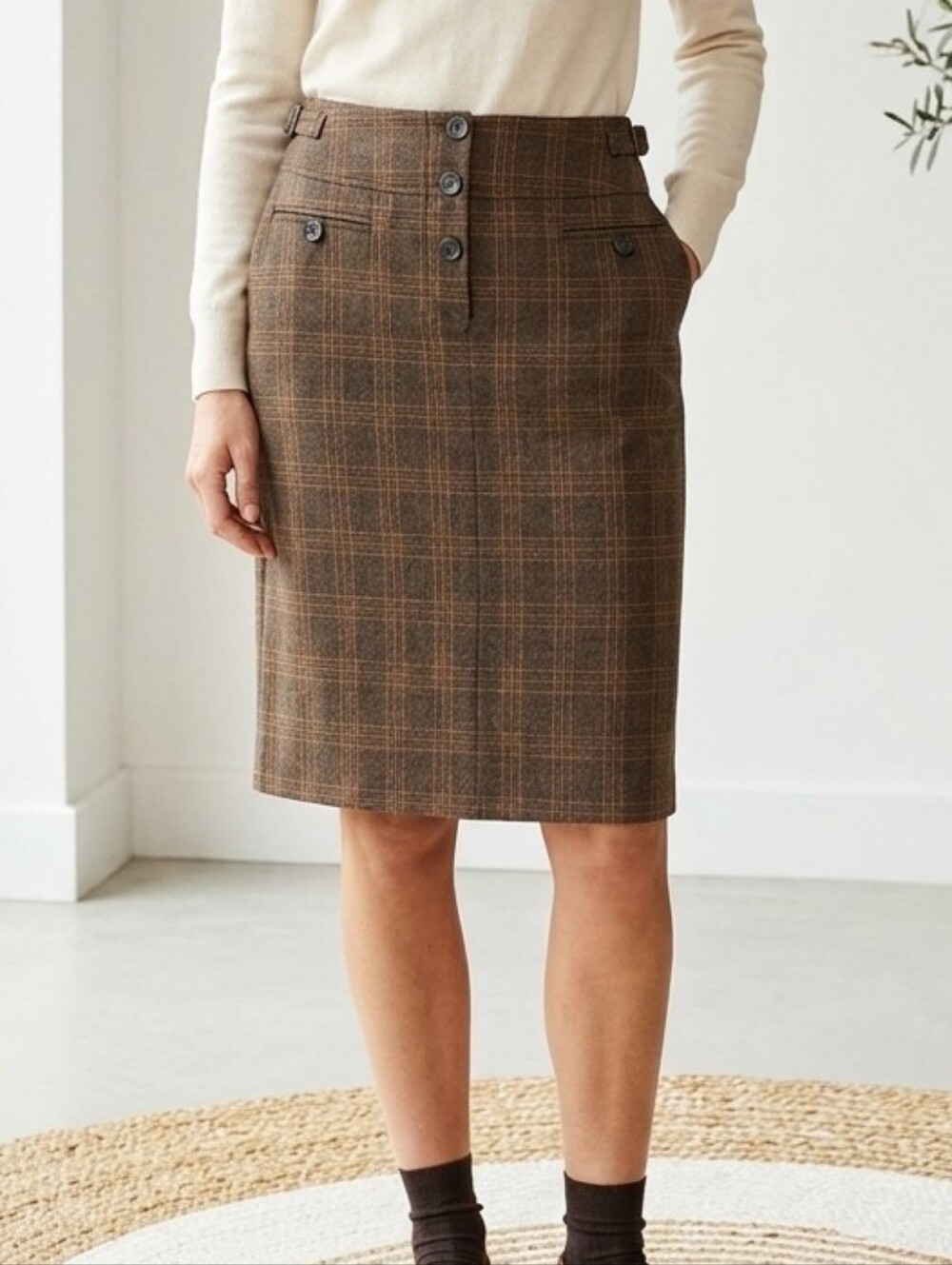 Tristan & Iseut Vintage Brown Plaid Pencil Skirt Dark Academia Preppy Classic 8